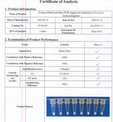 冷凍乾燥されたリアルタイムPCR検出反応剤,冷凍鎖を必要としないListeria monocytogenesの高敏感性検出